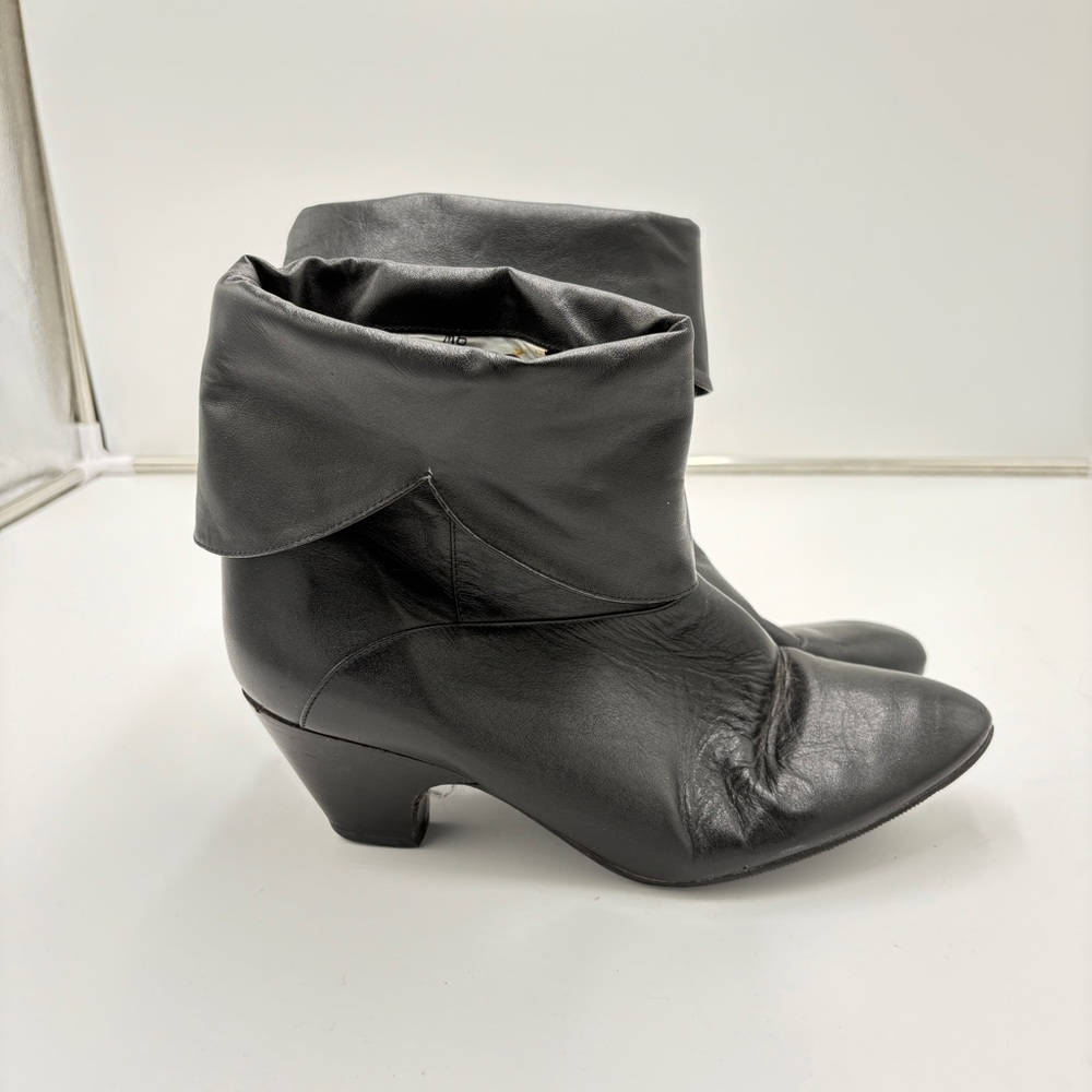 Vintage 70s Whimsigoth Cobbies Black Block Heel Leather Boots Booties Size 9 W